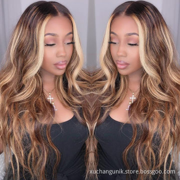 Blonde 30 Inch Long Straight 13X4 Transparent HD Lace Frontal Highlighted Human Hair Wigs 10A Highlight Body Wave Hair Full Wig